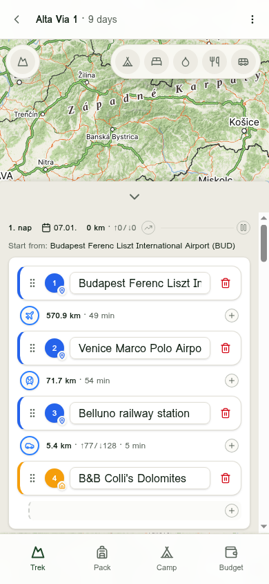 AllTrek planner showing a day's route on the map with ordered waypoints