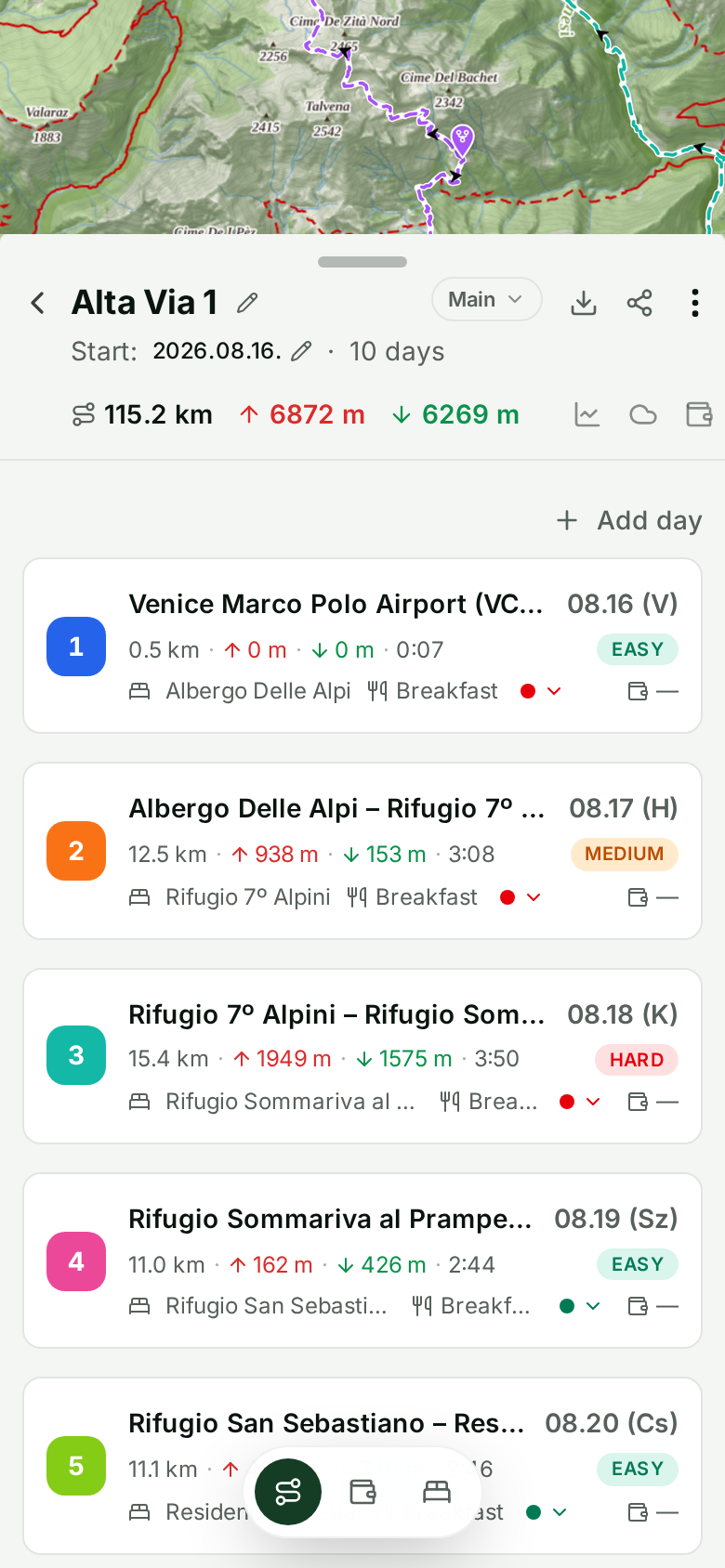 AllTrek planner showing a day's route on the map with ordered waypoints