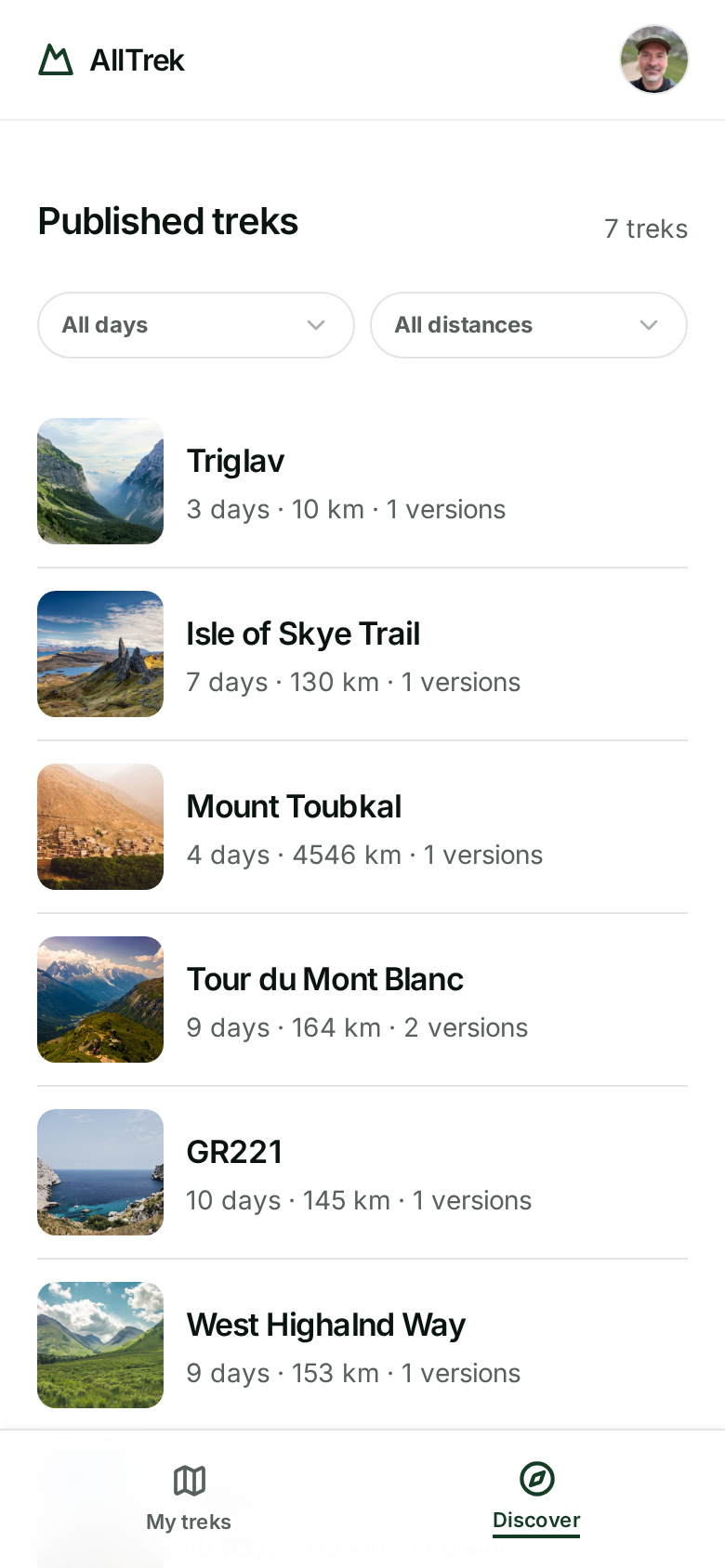AllTrek Library screen with published community trek cards