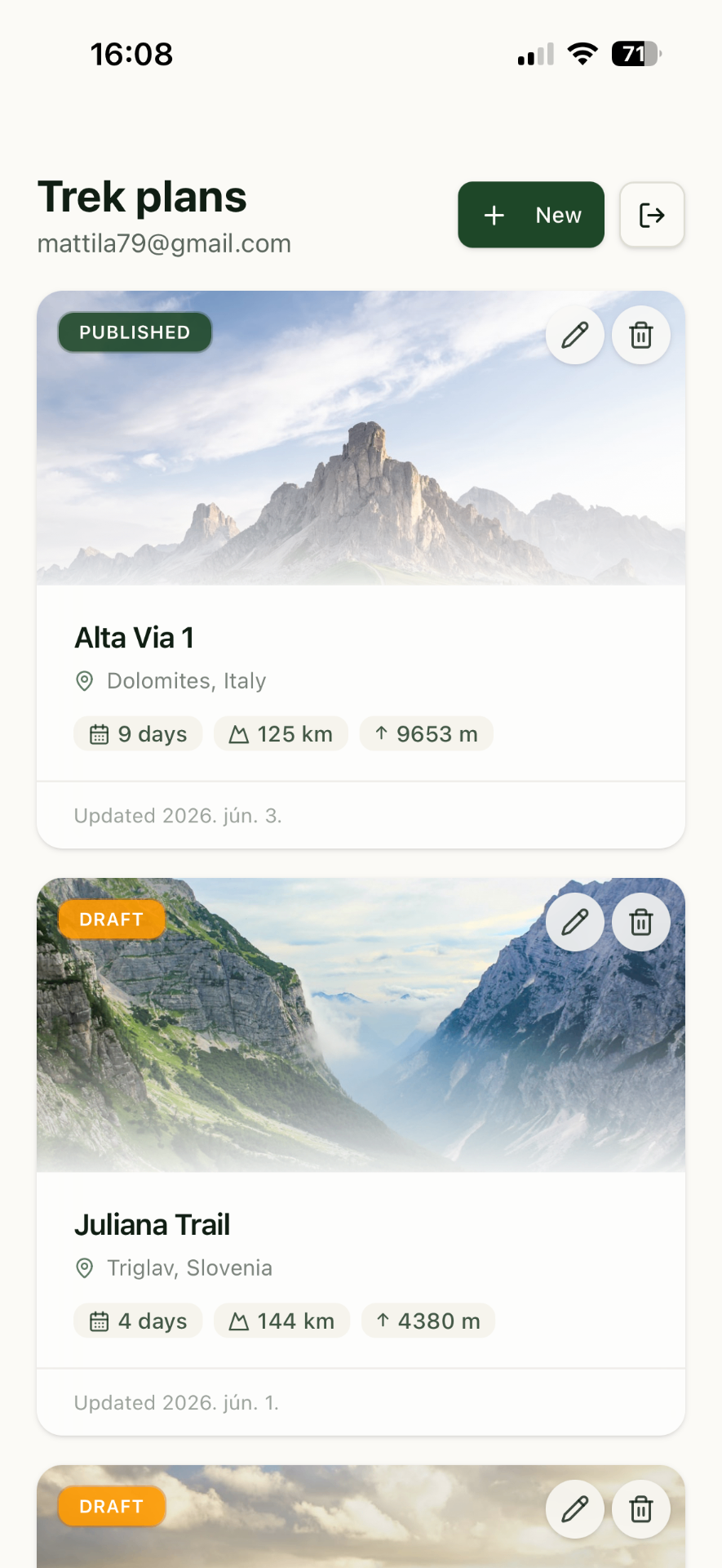 AllTrek Discover screen with published community trek cards