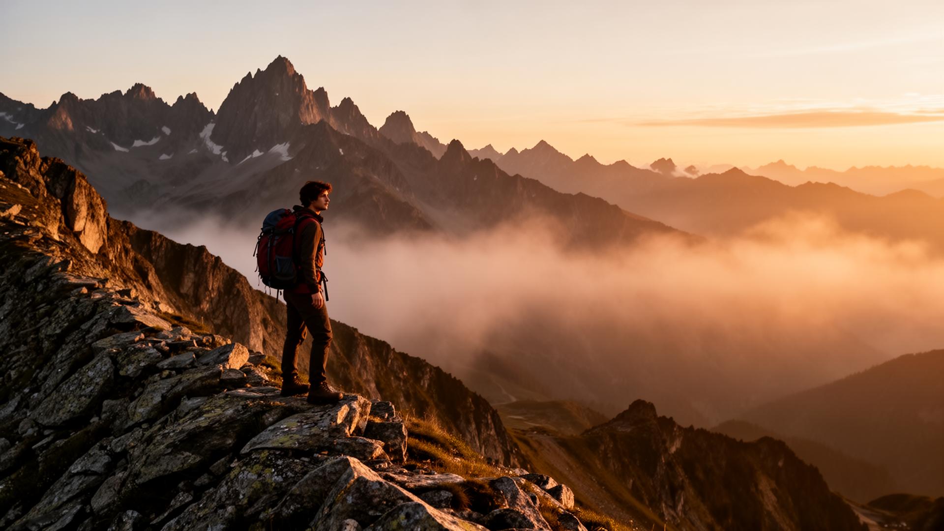 Hiker on alpine ridge at sunrise overlooking a sea of mountain peaks